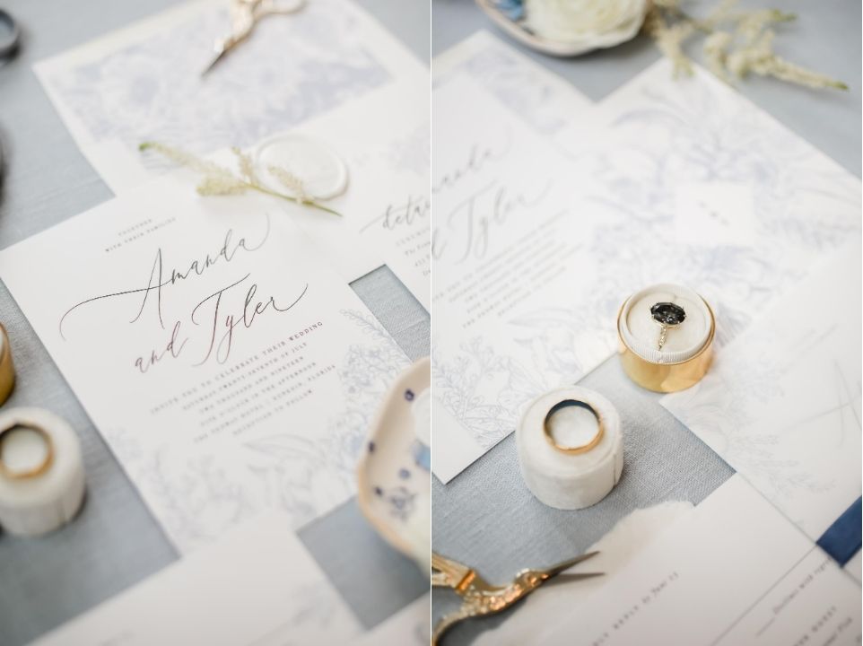 White and blue wedding invitation for ceremony at the Fenway hotel in Dunedin Florida